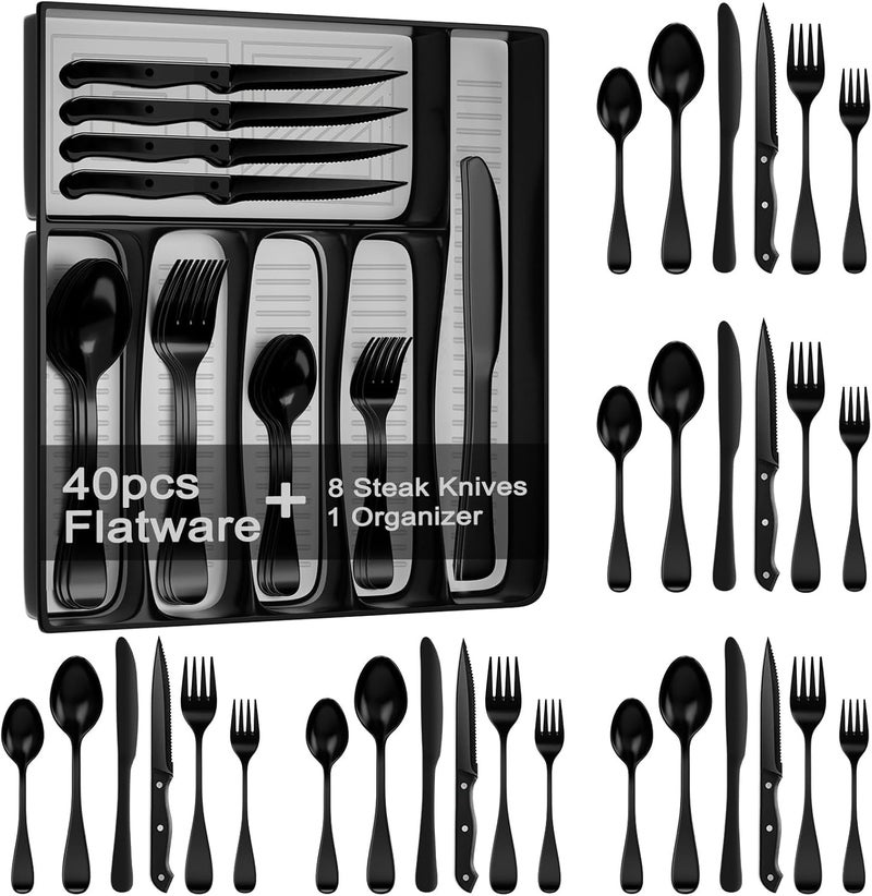 JUNLIN 49Piece Black Silverware Set with Drawer Organizer Stainless Steel Cutlery for 8 with Matte Steak Knives Forks Spoons  Dishwasher Safe - Image 1