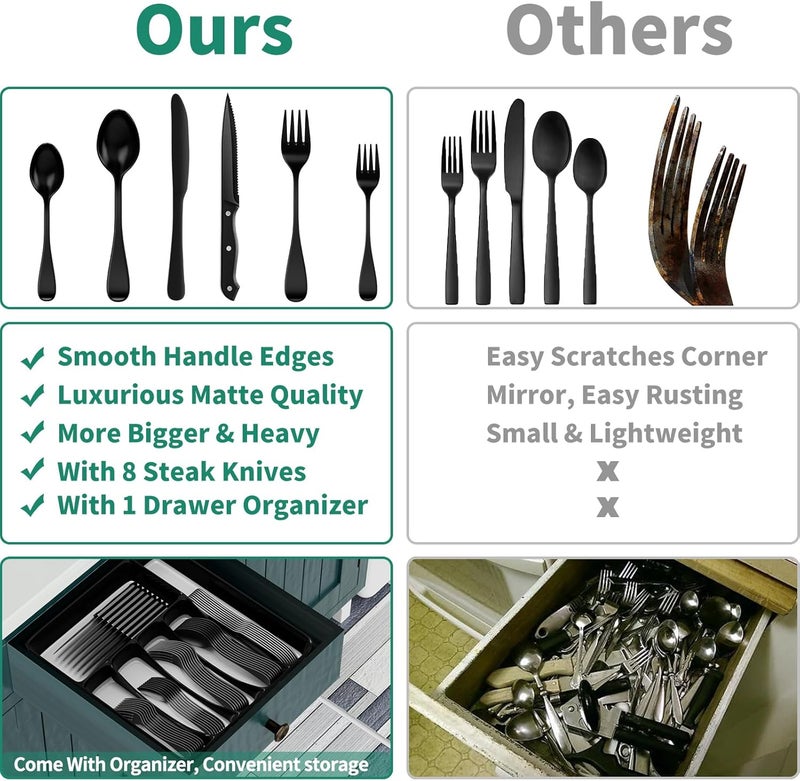 JUNLIN 49Piece Black Silverware Set with Drawer Organizer Stainless Steel Cutlery for 8 with Matte Steak Knives Forks Spoons  Dishwasher Safe - Image 5
