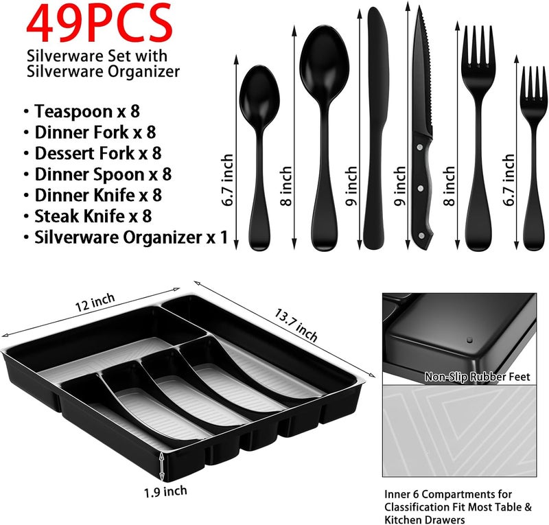 JUNLIN 49Piece Black Silverware Set with Drawer Organizer Stainless Steel Cutlery for 8 with Matte Steak Knives Forks Spoons  Dishwasher Safe - Image 3