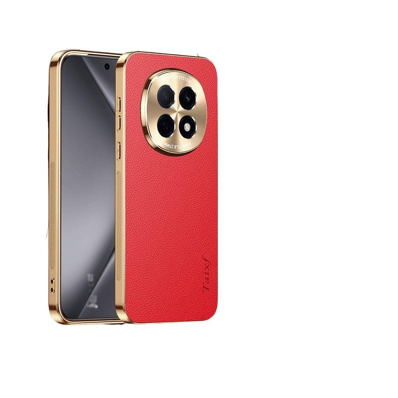 MS غطاء واقي بMetal لـ Redmi Note 13 Pro مع مطلي بالكهرباء وملمس الجلود مع مقاوم للصدمات مع إطار عدسة معدني مع حماية من السقوط باللون أحمر باللون الأحمر - Image 1