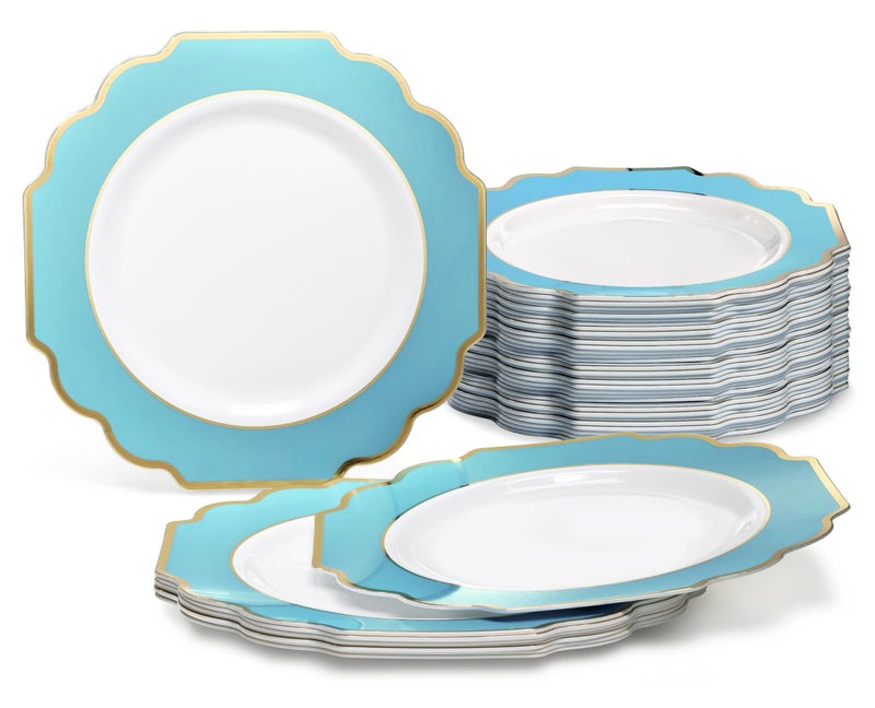 OCCASIONS FINEST PLA "" OCCASIONS "" 40 Plates Pack  Heavyweight Disposable Wedding Party Plastic Plates (6.5'' Cake/Dessert Plate  Imperial Aqua & Gold) - Image 1