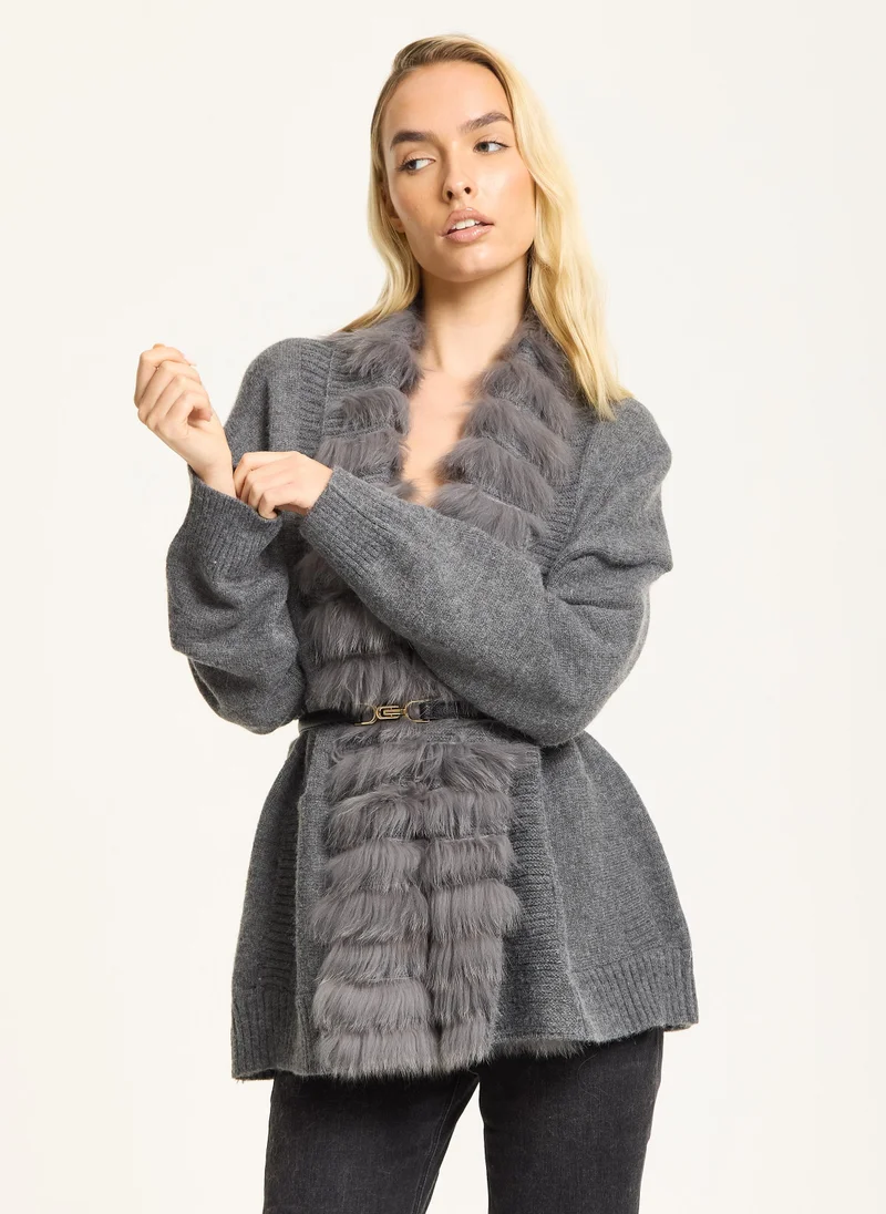 Liquorish Grey Faux Fur Trim Belted Cardigan