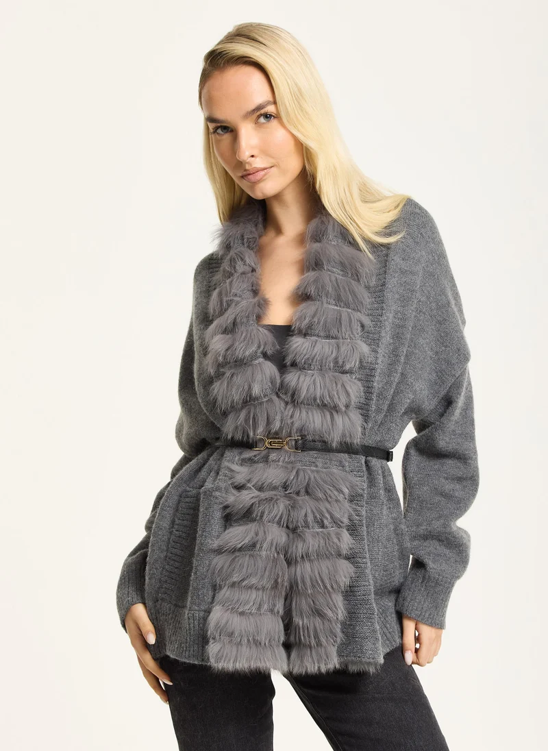 Liquorish Grey Faux Fur Trim Belted Cardigan