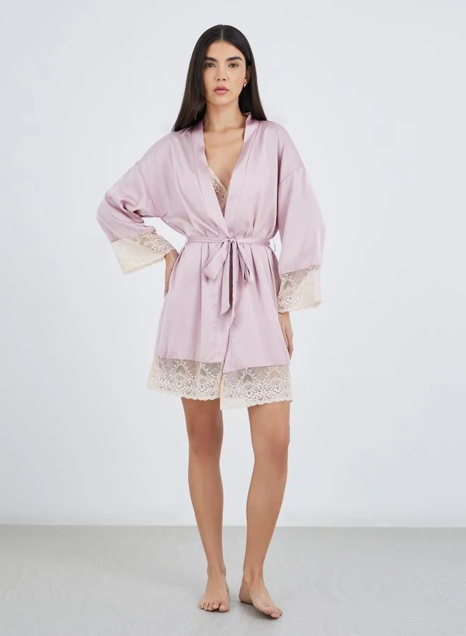 ستايلي Styli Contrast Lace Insert Satin Slip Dress with Robe Set