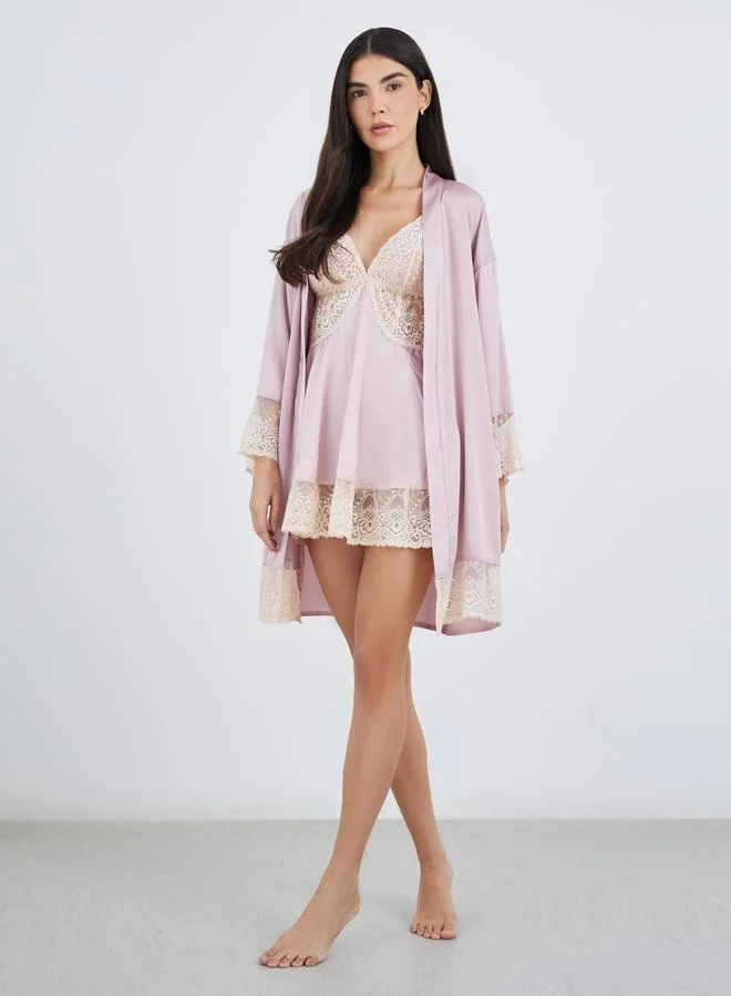 ستايلي Styli Contrast Lace Insert Satin Slip Dress with Robe Set