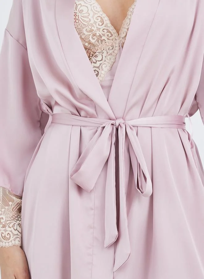 ستايلي Styli Contrast Lace Insert Satin Slip Dress with Robe Set