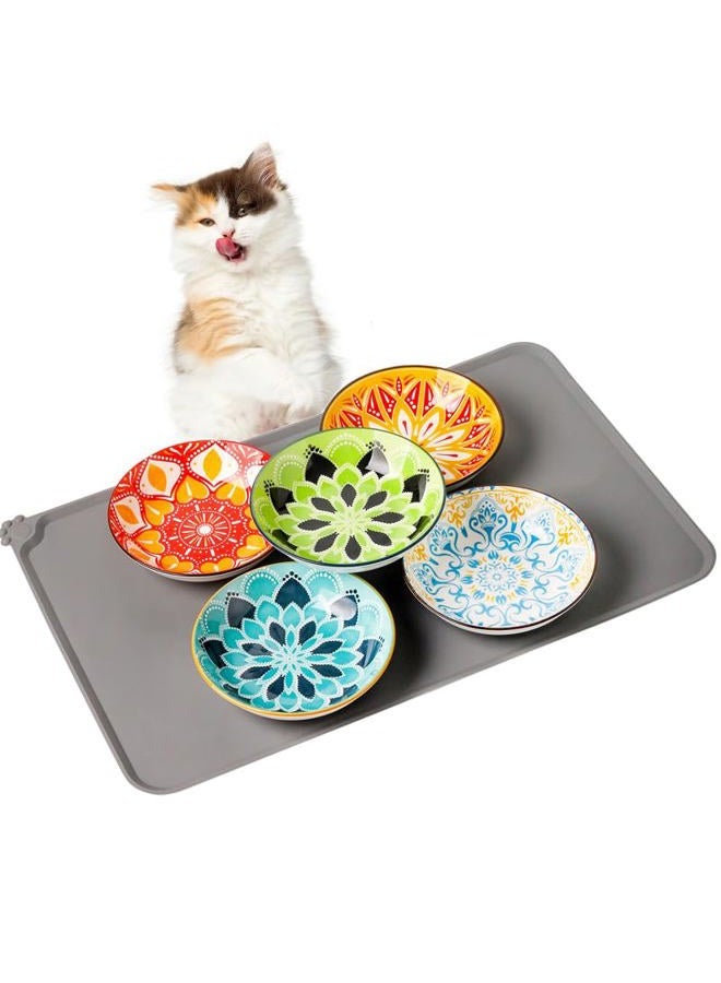 Howise 5 Ceramic Cat Bowls with Silicone Cat Mat, 5.5 inch Wide Shallow Cat Food Bowl for Relief Whisker Fatigue - Image 1