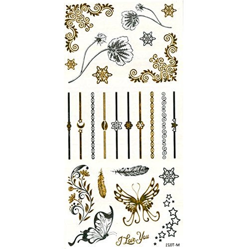 S.A.V.I 3D Temporary Tattoo Golden And Silver Metallic Sticker Butterfly Flower Design Size 21x10CM - 1PC. - Image 1