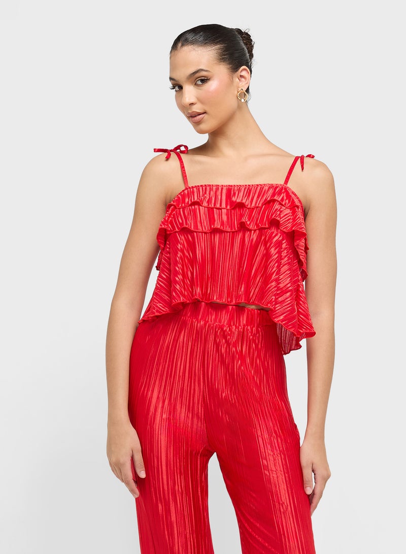Ginger Ruffle Plisse Crop Top & Straight Fit Co-Ord Pant Set  - Image 3