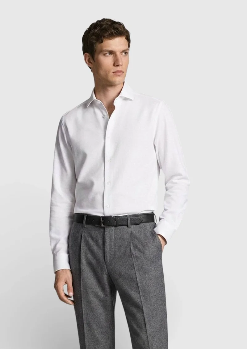 RAMSEY White Plain Casual Fit Long Knitting Casual 100% Cotton Shirt