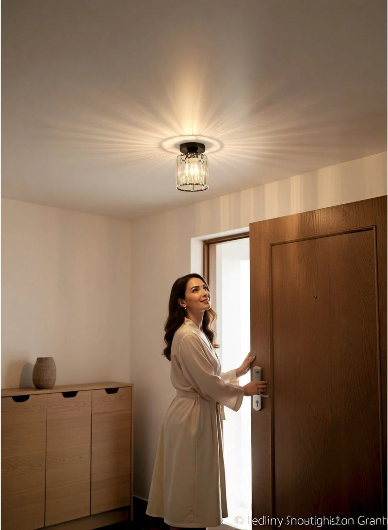 Luxury Round Black Crystal Flush Mount Ceiling Light with Cylindrical Crystal Shade, Modern  Chandelier Lighting Fixture for Hallway, Foyer, Corridor, Living Room, Bedroom(Black) - Image 2