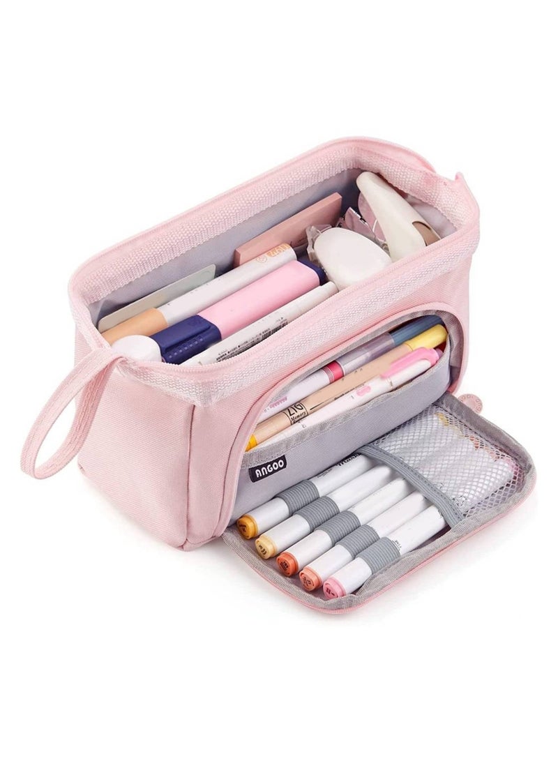 ANGOO Large Capacity Stationery Pencil Case Multifunctional Pencil Case Japanese Style Simple Student Pencil Case [Pink] - Image 1