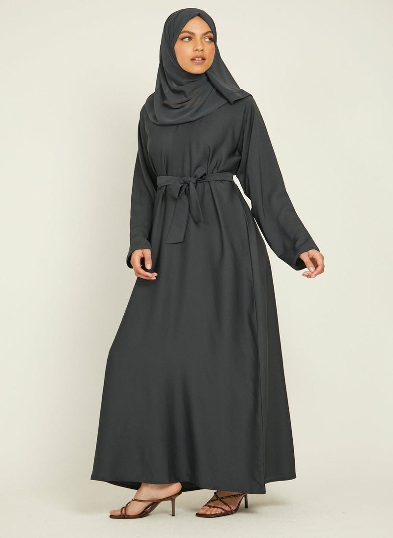NUKHBAA Elegant Grey plain abaya wityh belt and Hijab-AB50  - Image 1