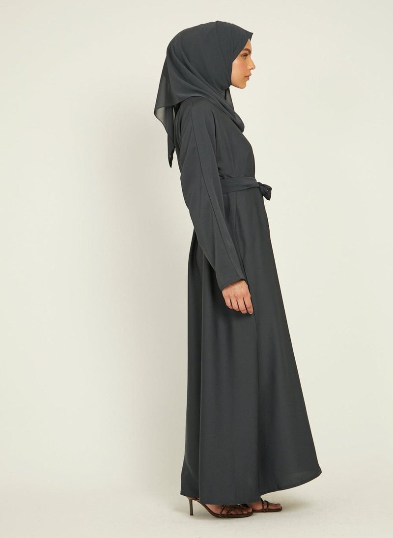 NUKHBAA Elegant Grey plain abaya wityh belt and Hijab-AB50  - Image 3
