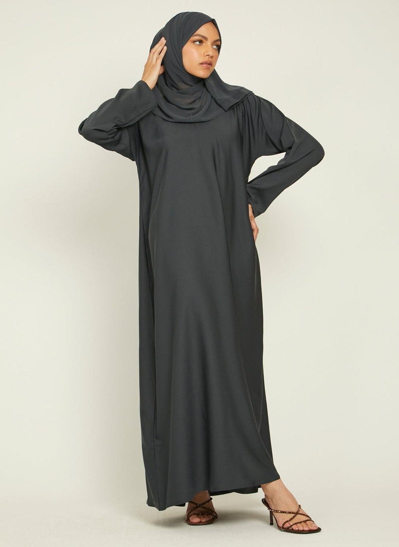 NUKHBAA Elegant Grey plain abaya wityh belt and Hijab-AB50  - Image 2