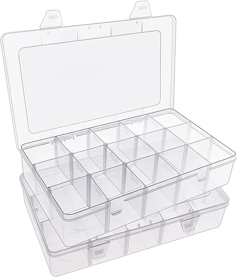 SGHUO 2 Pack 15 Girds Bead Organizer, Large Clear Plastic Organizer Box with Adjustable Dividers for Beads, Art DIY, Crafts, Jewelry, Fishing Tackle with Label Stickers - Image 1