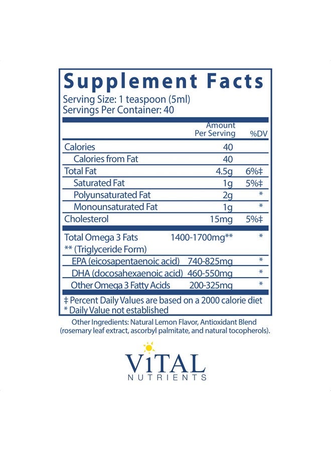 Vital Nutrients زيت السمك النقي الفائق 1400 درجة صيدلانية زيت سمك سائل من أعماق البحر دعم القلب والأوعية الدموية بنكهة الليمون الطبيعية 200 مل لكل زجاجة - Image 2