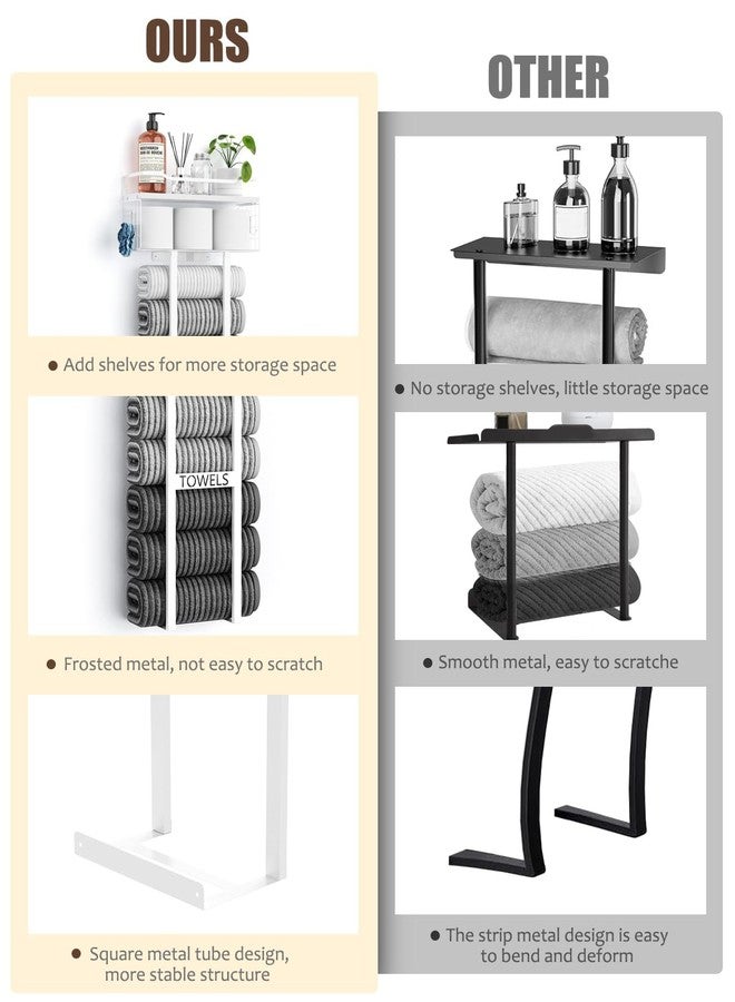 Aetyord Towel Racks for Bathroom 31inch Wall Mounted Towel Rack,Floating Shelf with Wood Plank,Towel Storage for Bathroom Can Holds 6 Large Rolled Towels,All White - Image 3
