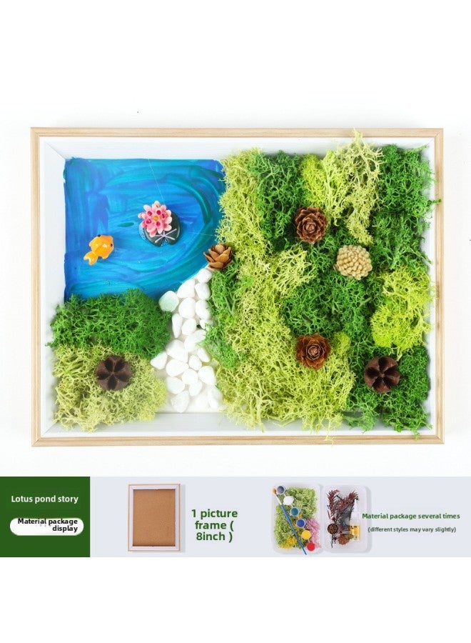 Yongsheng Moss Painting Material Package Bamboo Basket Handmade DIY Bamboo Frame Creative Plant Painting Green Plant Photo Frame Warm Field Group Building-Color:8-inch Photo Frame Lotus Pond Story  - Image 1
