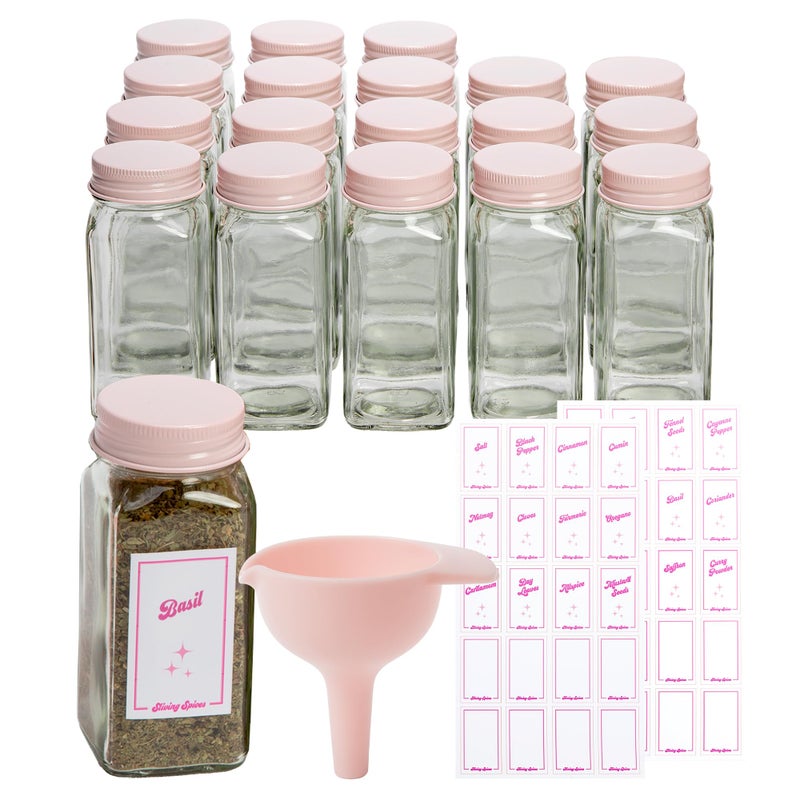 Paris Hilton Glass Spice Jar Storage Set 4Ounce Empty Spice Jars with Labels Shaker Caps and Metal Lids Collapsible Funnel Included 20Piece Pink
