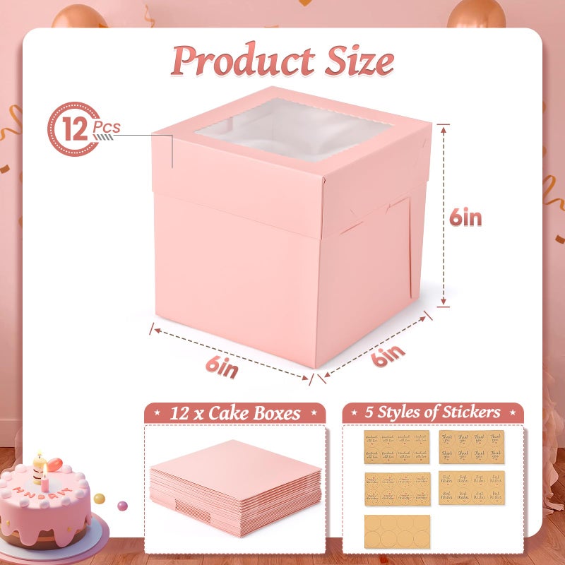 DOYIDE 12Pcs 6x6x6 Inches Small Cake Boxes, Pink Square Bakery Boxes with Window, Mini Cake Containers for Pastries, Cookies, Chocolates, Cupcakes, Birthday Party Cajas Pasteles - Image 3