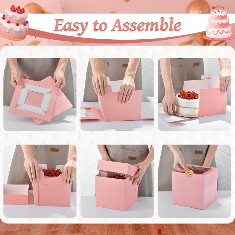 DOYIDE 12Pcs 6x6x6 Inches Small Cake Boxes, Pink Square Bakery Boxes with Window, Mini Cake Containers for Pastries, Cookies, Chocolates, Cupcakes, Birthday Party Cajas Pasteles - Image 4