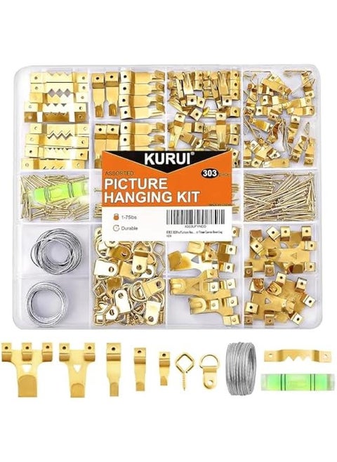 303-Piece Picture Hanging Kit with Heavy Duty Wall Hooks, Sawtooth, Picture Wire, D Rings, Nails, Eye Hooks, and Tool for Frame Mounting Canvas.
