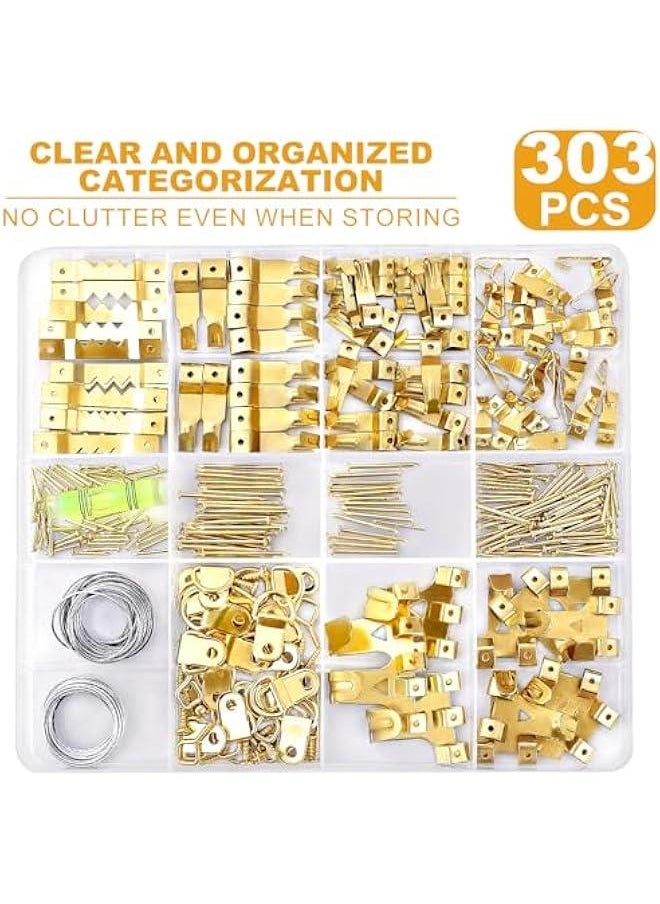 303-Piece Picture Hanging Kit with Heavy Duty Wall Hooks, Sawtooth, Picture Wire, D Rings, Nails, Eye Hooks, and Tool for Frame Mounting Canvas.