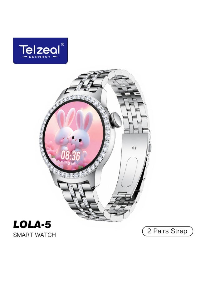 تلزيل Telzeal Germany LOLA 5 ساعة ذكية مع سوار وزوجين من الأشرطة وشحن لاسلكي مصممة للسيدات والفتيات باللون الفضي - Image 1