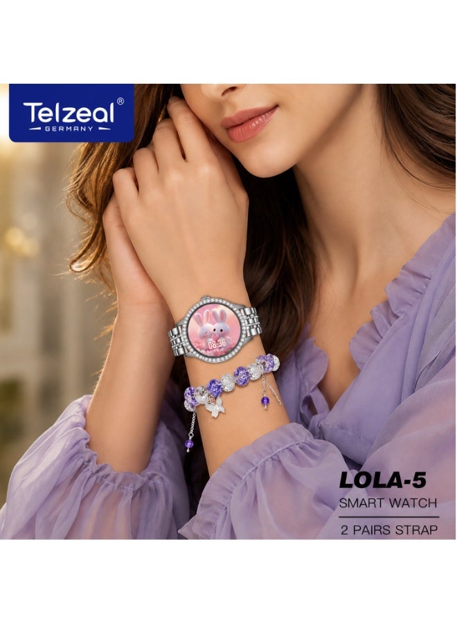 تلزيل Telzeal Germany LOLA 5 ساعة ذكية مع سوار وزوجين من الأشرطة وشحن لاسلكي مصممة للسيدات والفتيات باللون الفضي - Image 2