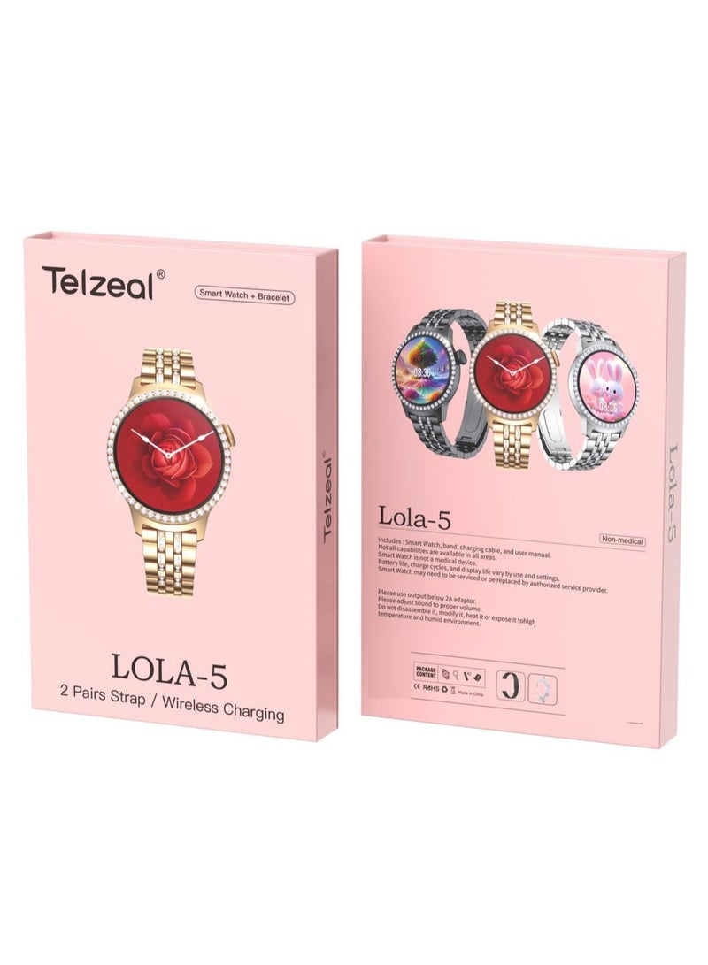 تلزيل Telzeal Germany LOLA 5 ساعة ذكية مع سوار وزوجين من الأشرطة وشحن لاسلكي مصممة للسيدات والفتيات باللون الفضي - Image 5