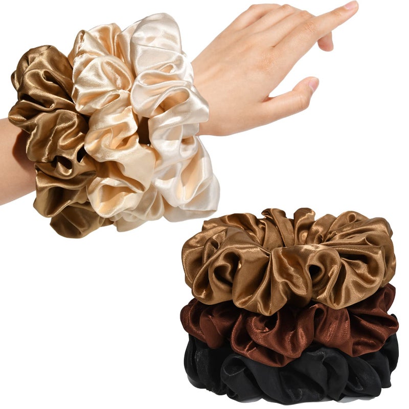 CEELGON Large Silk Satin Scrunchies for Women Big Scrunchies Jumbo Satin Hair Ties Oversized Hair Scrunchies for Thick Curly Hair Pack of 6 BlackChampagneBrownGold
