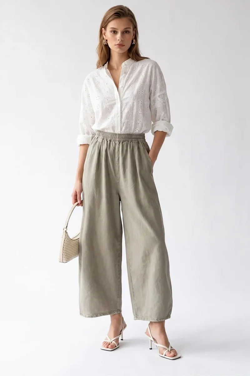 Mixray MIXRAY Wide-Leg Tencel Ankle-Length Trousers