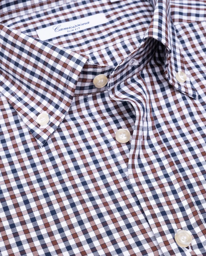 كاميتشسما Cheked Brown Fancy Twill Slim Shirt