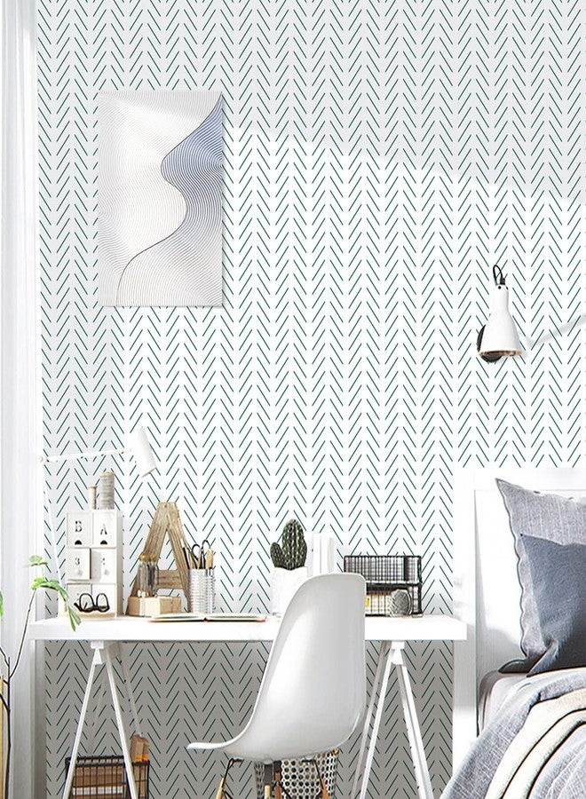 Erfoni Green and White Peel and Stick Wallpaper Herringbone Contact Paper for Bathroom 17.7inch x 118.1inch Modern Geometric Removable Wall Paper Peel and Stick Line Self Adhesive Contact Paper - Image 2