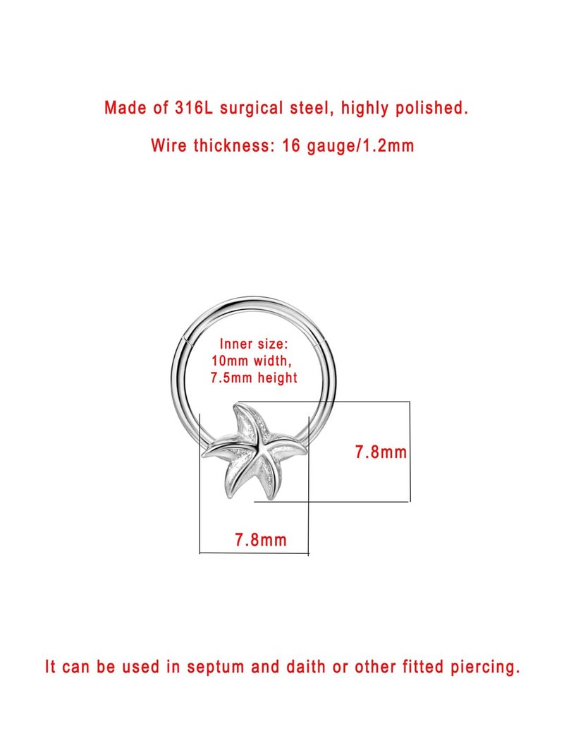 FANSING 316L Surgical Steel Starfish Piercing Rings for Septum Piercing for Womens Hinged Septum Jewelry 16g 10mm - Image 2