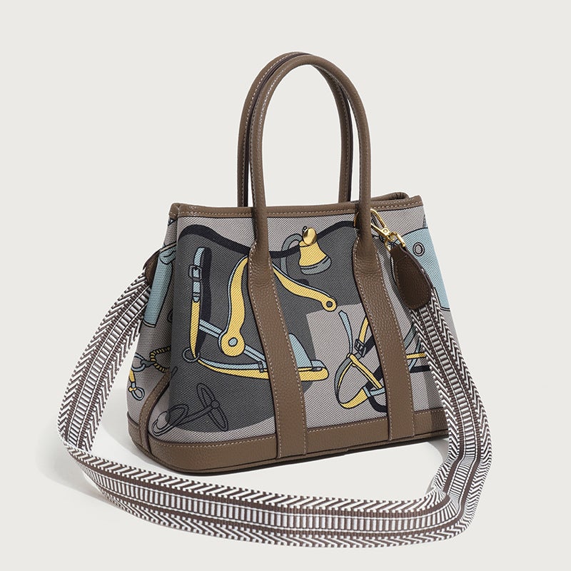 Graffiti Painted Canvas Patchwork Cowhide Bag 2024 New Arrival Garden Handbag Large Capacity Leather Contrast Color Tote Bag Elephant gray 