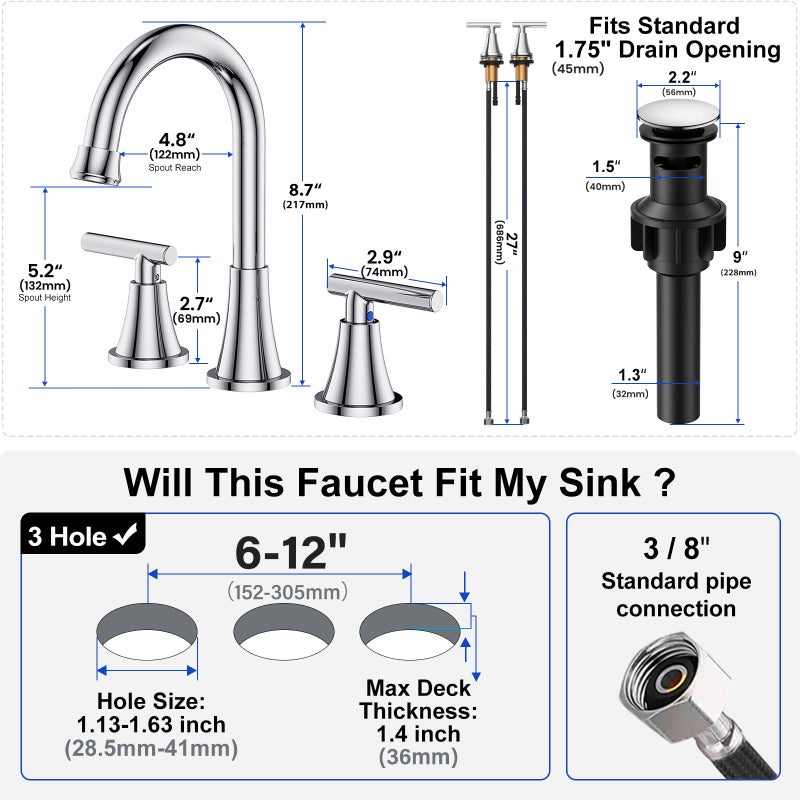 Hurran Bathroom Faucets for Sink 3 Hole, Hurran Chrome Bathroom Sink Faucet with Pop-up Drain and Supply Lines, Stainless Steel Lead-Free Widespread Faucet for Vanity RV Farmhouse Sink - Image 5
