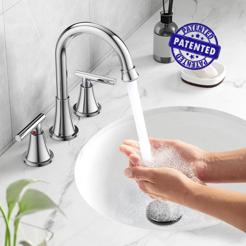 Hurran Bathroom Faucets for Sink 3 Hole, Hurran Chrome Bathroom Sink Faucet with Pop-up Drain and Supply Lines, Stainless Steel Lead-Free Widespread Faucet for Vanity RV Farmhouse Sink - Image 2