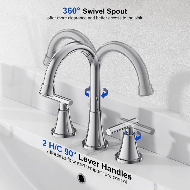 Hurran Bathroom Faucets for Sink 3 Hole, Hurran Chrome Bathroom Sink Faucet with Pop-up Drain and Supply Lines, Stainless Steel Lead-Free Widespread Faucet for Vanity RV Farmhouse Sink - Image 3