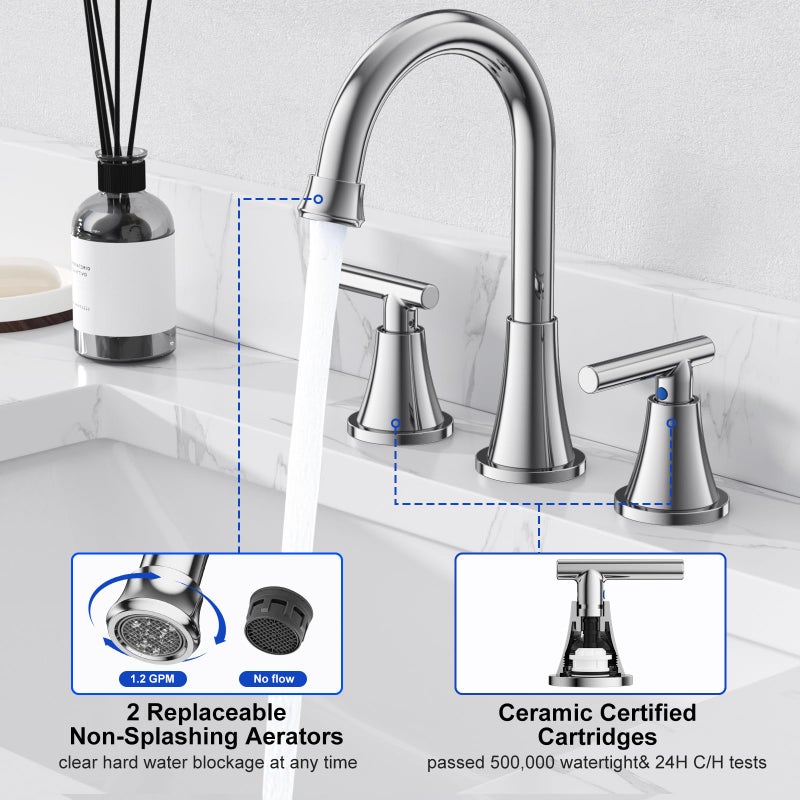 Hurran Bathroom Faucets for Sink 3 Hole, Hurran Chrome Bathroom Sink Faucet with Pop-up Drain and Supply Lines, Stainless Steel Lead-Free Widespread Faucet for Vanity RV Farmhouse Sink - Image 4