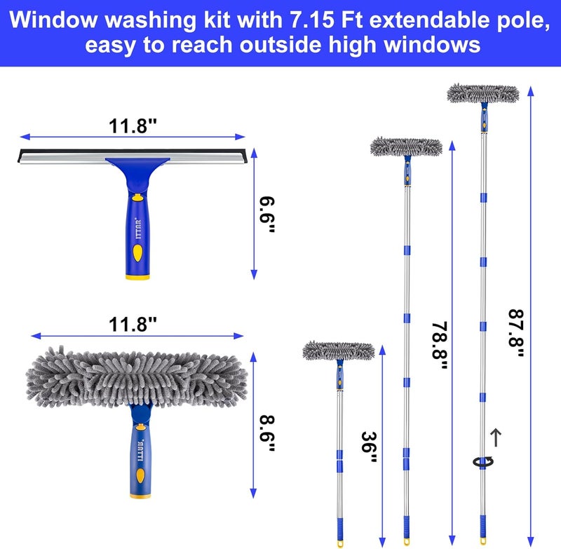 ITTAR Professional Window Cleaning Squeegee Kit, 7.15 Ft High Reach Cleaner Tool, Rotatable Window Washing Equipment with Extension Pole for Indoor/Outdoor Window, Glass, Car, 1 Blade 2 Scrubber - Image 3