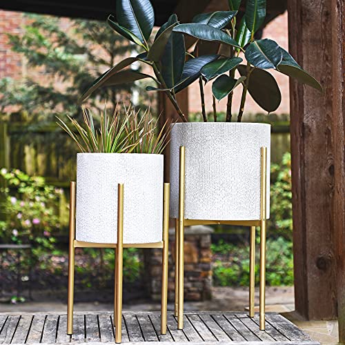Main + Mesa Modern Boho Embossed Metal Planters with Stands, White and Gold, Set of 2 Sizes - Image 4