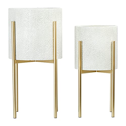Main + Mesa Modern Boho Embossed Metal Planters with Stands, White and Gold, Set of 2 Sizes - Image 1