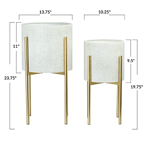 Main + Mesa Modern Boho Embossed Metal Planters with Stands, White and Gold, Set of 2 Sizes - Image 5
