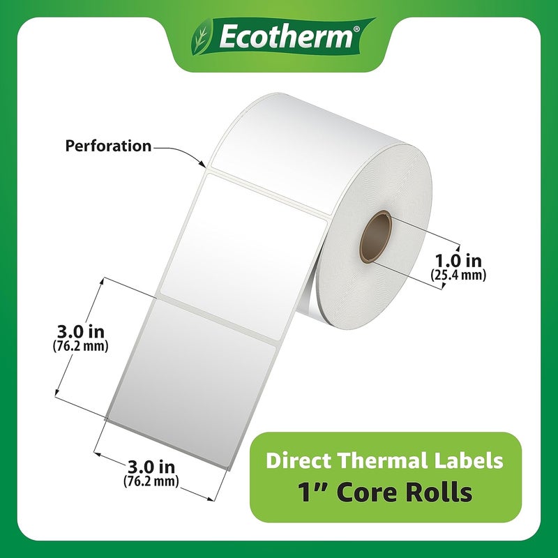 Ecotherm 3" x 3" Thermal Labels | 4 Rolls | 2100 Labels | fits Zebra, Munbyn, Rollo, Godex, Arkscan, iDPRT, Offnova Thermal Label Printers and More | Blank White Adhesive Stickers by - Image 3