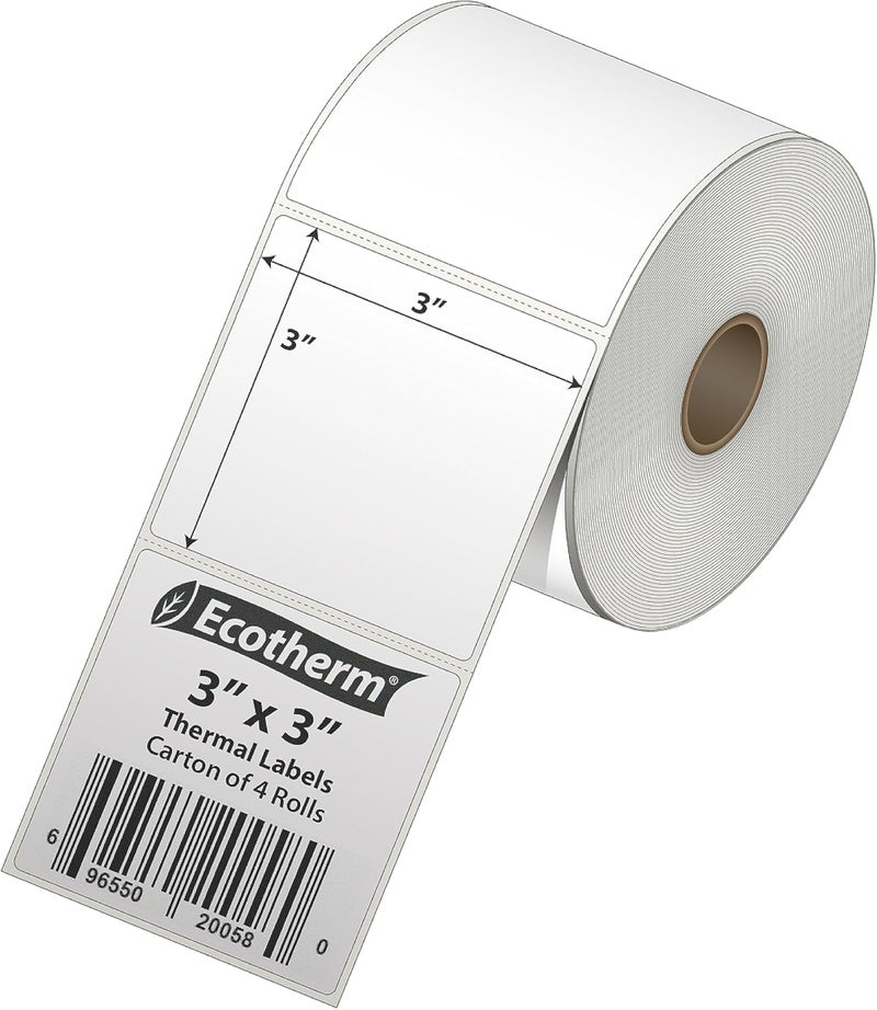 Ecotherm 3" x 3" Thermal Labels | 4 Rolls | 2100 Labels | fits Zebra, Munbyn, Rollo, Godex, Arkscan, iDPRT, Offnova Thermal Label Printers and More | Blank White Adhesive Stickers by - Image 2