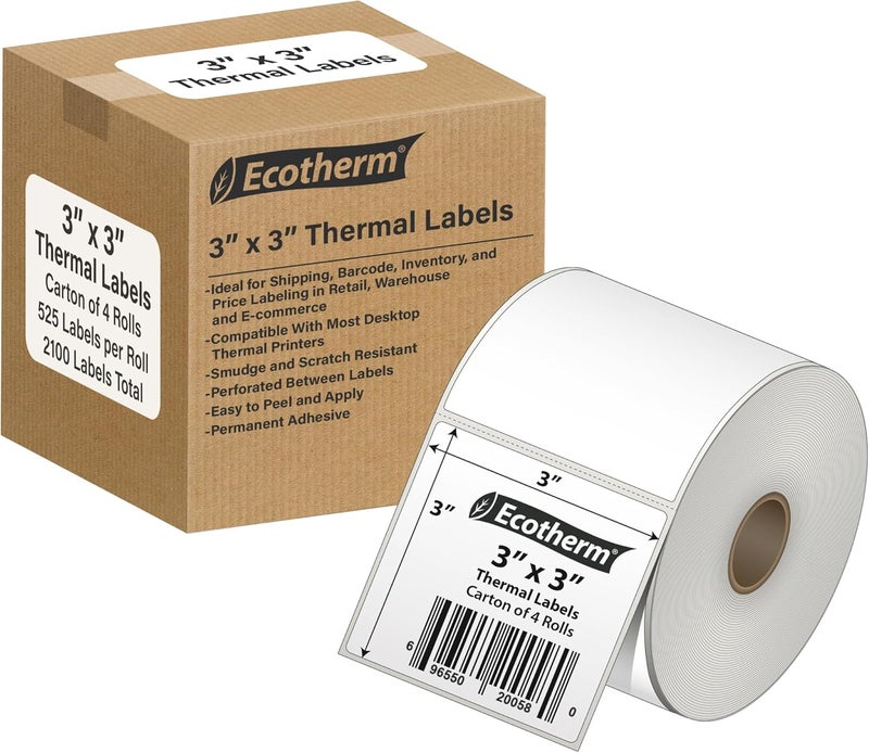 Ecotherm 3" x 3" Thermal Labels | 4 Rolls | 2100 Labels | fits Zebra, Munbyn, Rollo, Godex, Arkscan, iDPRT, Offnova Thermal Label Printers and More | Blank White Adhesive Stickers by - Image 1