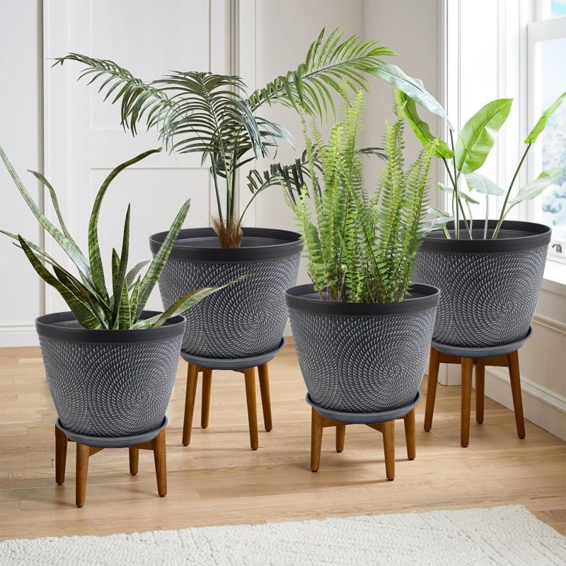 Quarut Large 12 Inch Plant Pot for Plants Outdoor Indoor, 4 Pack Plastic Flower Pots with Drainage Hole & Saucer, Modern Decorative Garden Pot with Saucer, Plant Container for Houseï¼ˆGrayï¼‰ - Image 2