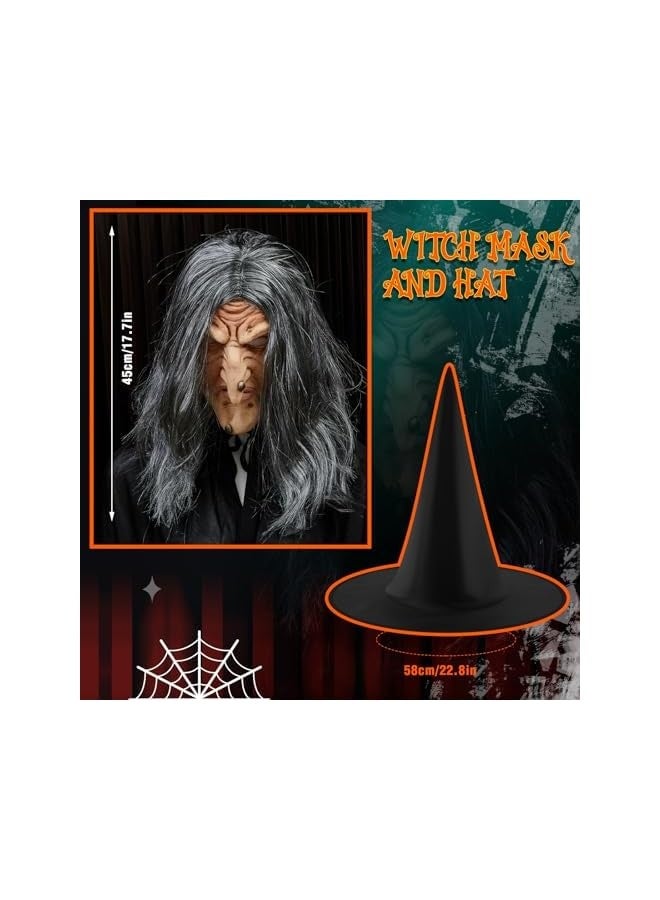 Loquat Cosplay Costume Accessories Included Old Woman Witch Mask with Hair Witch Hat Black Cape Latex Scary Mask for Any Head Adults - Image 3